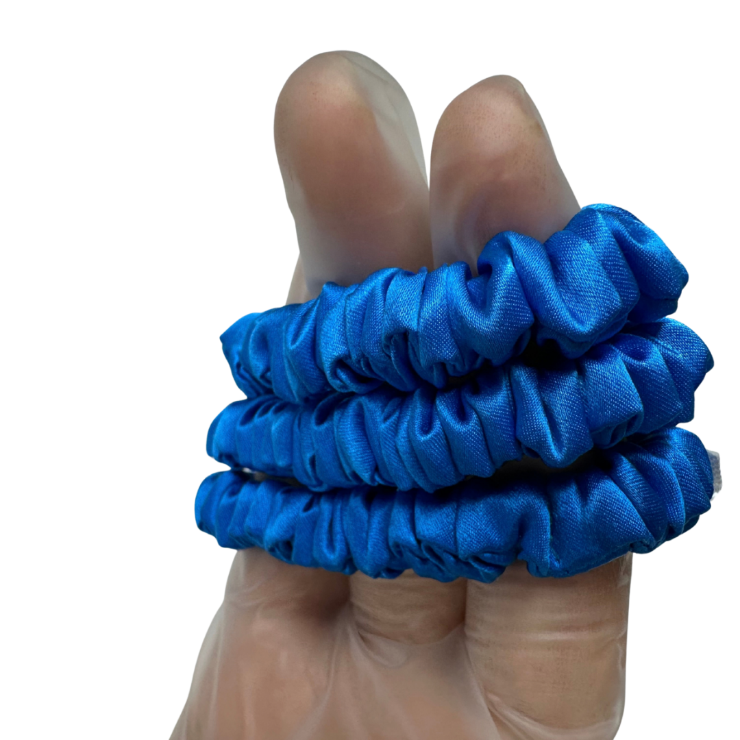 Deep-Bright-Blue Silk Scrunchie Wholesale from 1 piece, custom silk scrunchies with brand label, low MOQ.