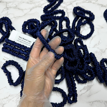 Deep Dark Blue Skinny Silk Scrunchie Wholesale from 1 piece, custom silk scrunchie with brand logo low MOQ.