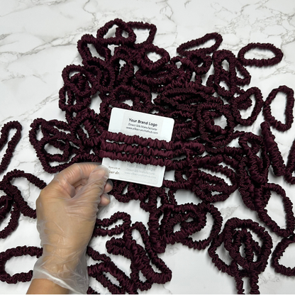 Dark Purple Red Silk Scrunchie Wholesale from 1 piece, custom silk scrunchies with brand label, low MOQ.