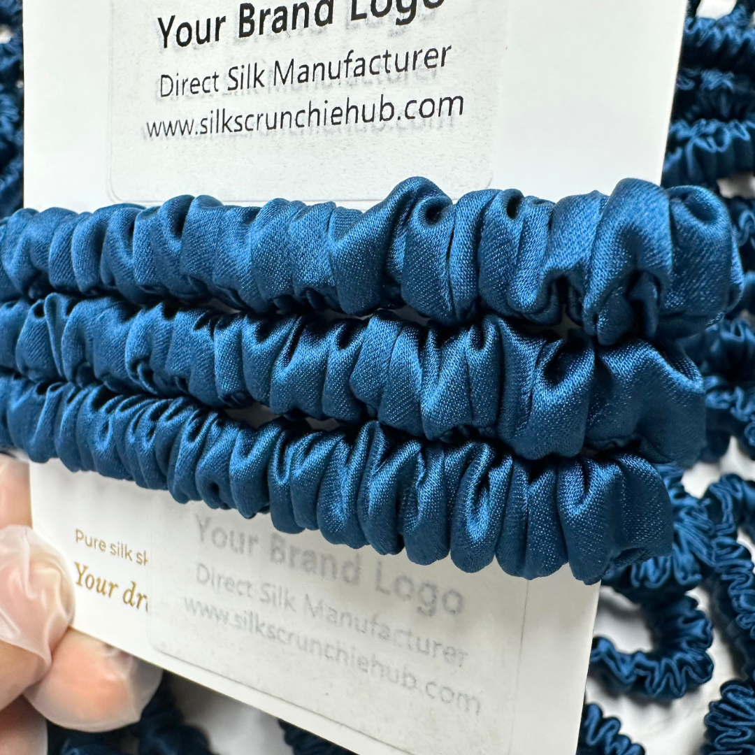 Deep Peacock Blue  Skinny Silk Scrunchie in stock, wholesale silk scrunchie from 1 piece, custom silk scrunchies with logo brand label, low MOQ.