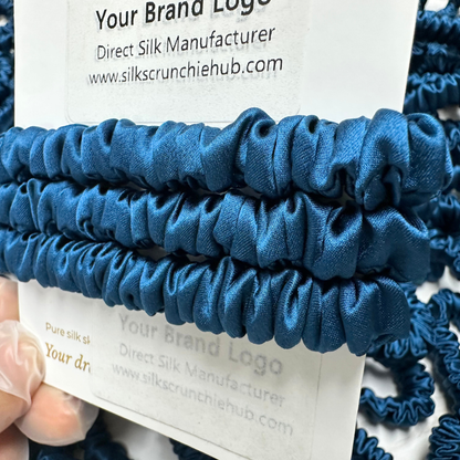 Deep Peacock Blue  Skinny Silk Scrunchie in stock, wholesale silk scrunchie from 1 piece, custom silk scrunchies with logo brand label, low MOQ.