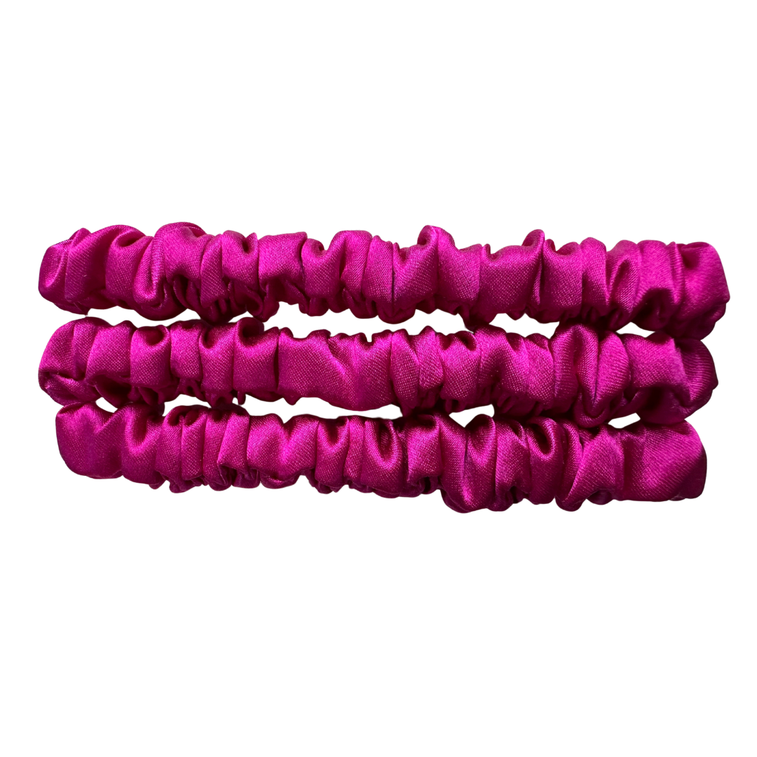 Deep Rose Pink Skinny Silk Scrunchie Wholesale from 1 piece, custom silk scrunchie with brand logo low MOQ.