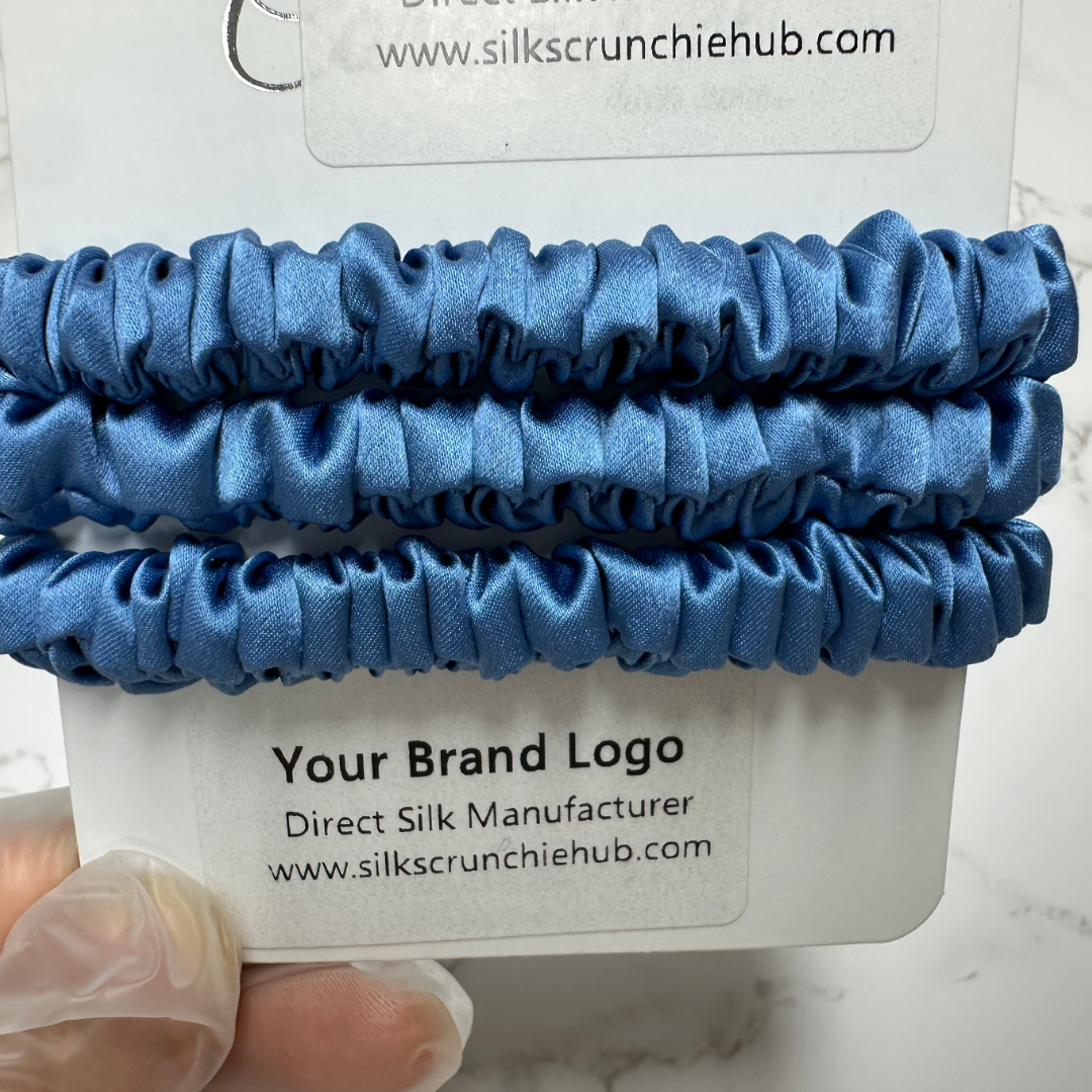 Indigo Blue Skinny Silk Scrunchie in stock, wholesale silk scrunchie from 1 piece, custom silk scrunchies with logo brand label, low MOQ.
