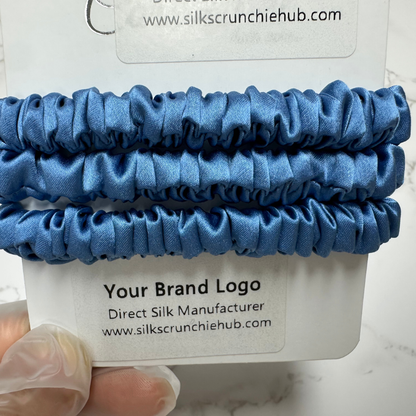 Indigo Blue Skinny Silk Scrunchie in stock, wholesale silk scrunchie from 1 piece, custom silk scrunchies with logo brand label, low MOQ.