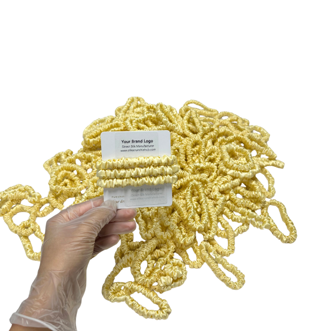 Light Yellow Silk Scrunchie Wholesale from 1 piece, custom silk scrunchies with brand label, low MOQ.