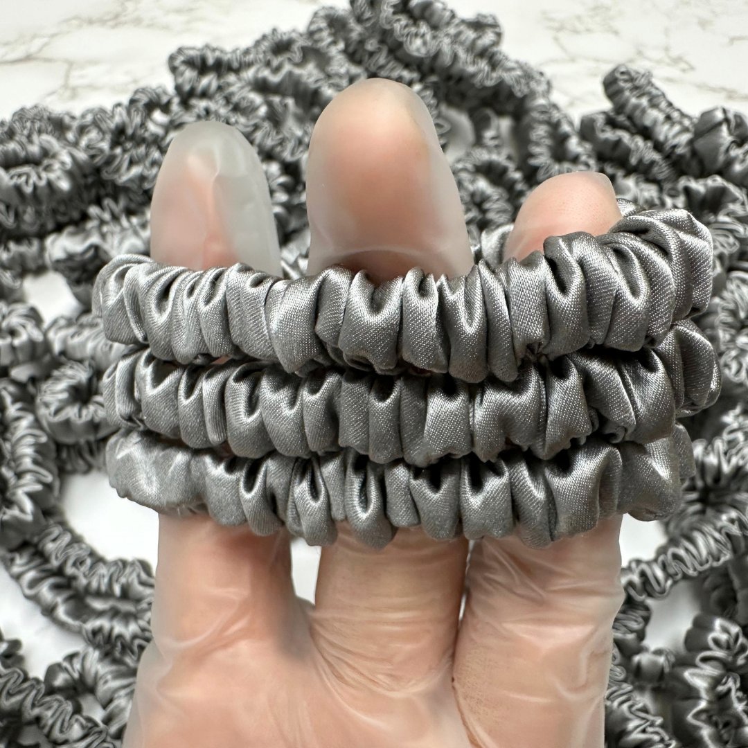 Middle Grey Silk Scrunchie Wholesale from 1 piece, custom silk scrunchies with brand label, low MOQ.