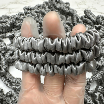 Middle Grey Silk Scrunchie Wholesale from 1 piece, custom silk scrunchies with brand label, low MOQ.
