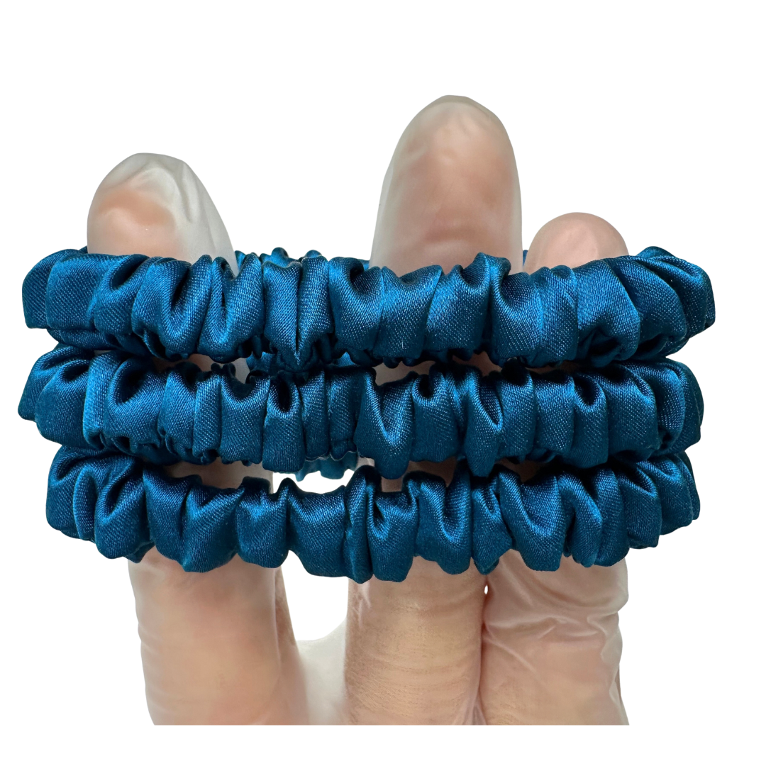 Peacock Blue Skinny Silk Scrunchie Wholesale from 1 piece, custom silk scrunchie with brand logo low MOQ.