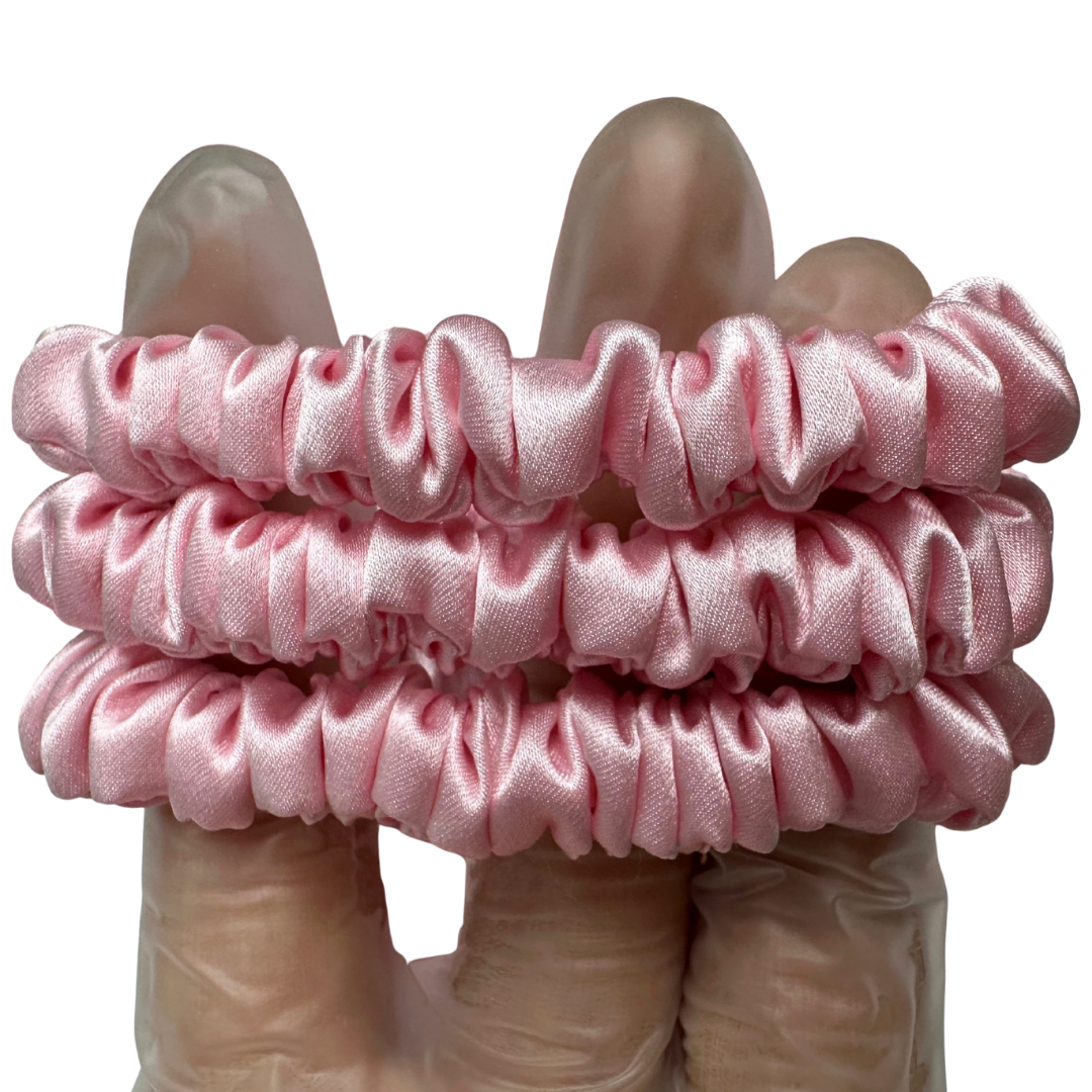 Pink Skinny Silk Scrunchie Wholesale from 1 piece, custom silk scrunchie with brand logo low MOQ.