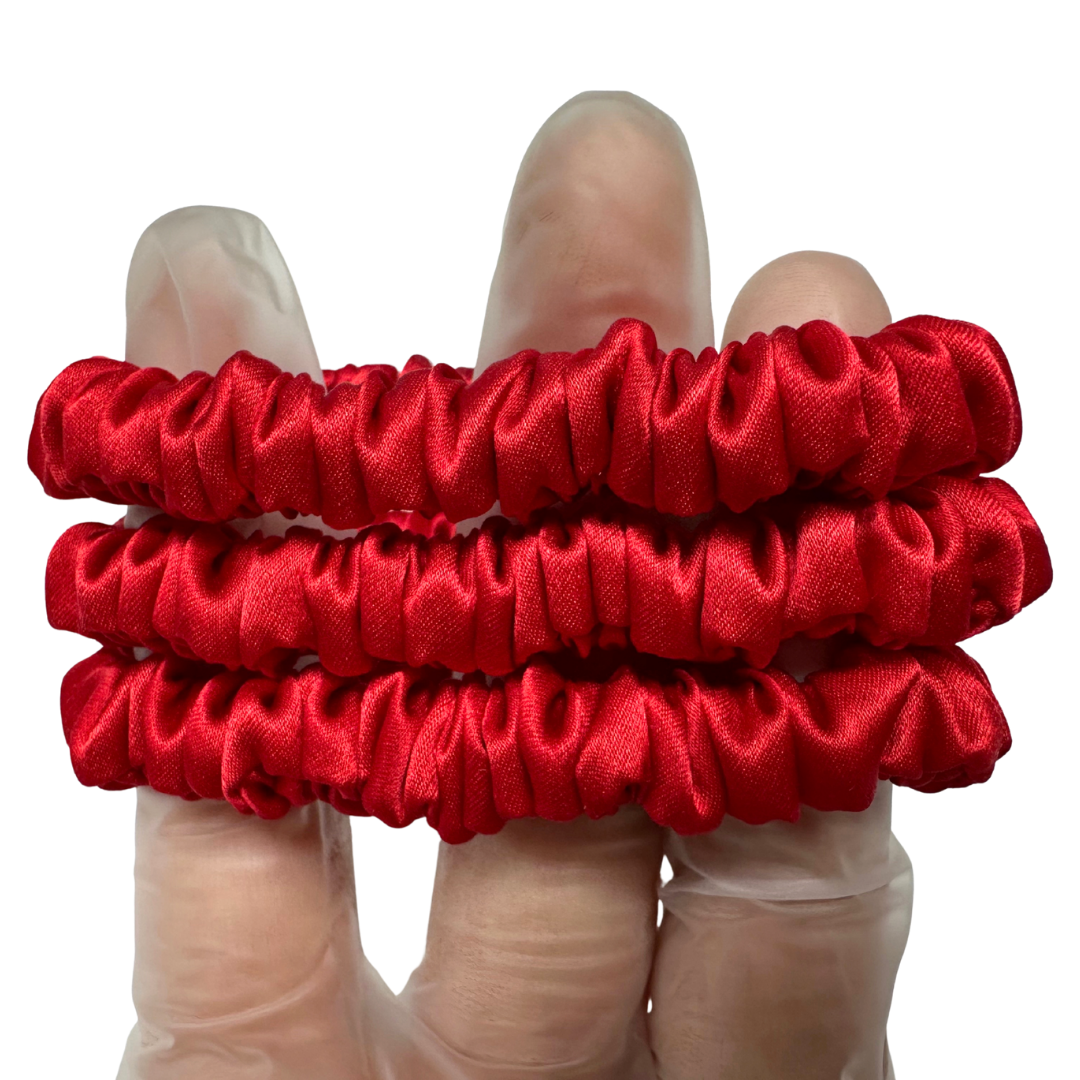 Pomegranate Red Skinny Silk Scrunchie Wholesale from 1 piece, custom silk scrunchie with brand logo low MOQ.
