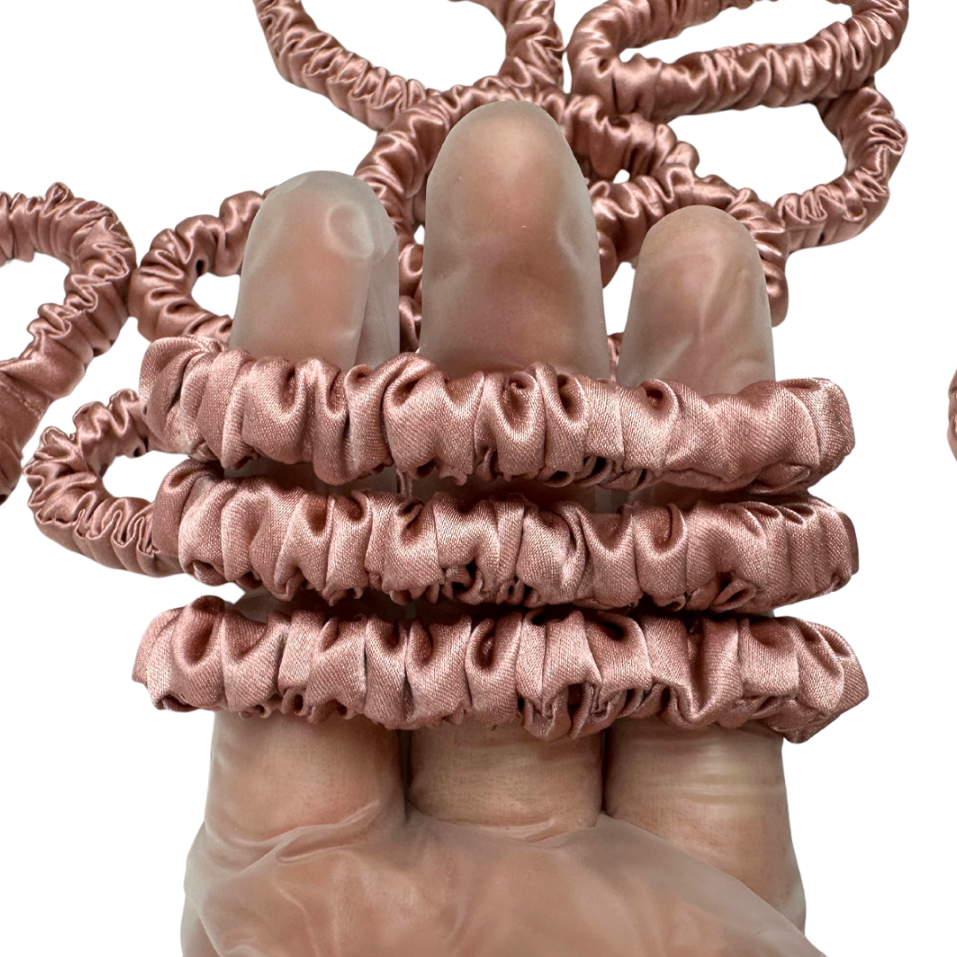 Red Beans Skinny Silk Scrunchie Wholesale from 1 piece, custom silk scrunchies with brand label, low MOQ.