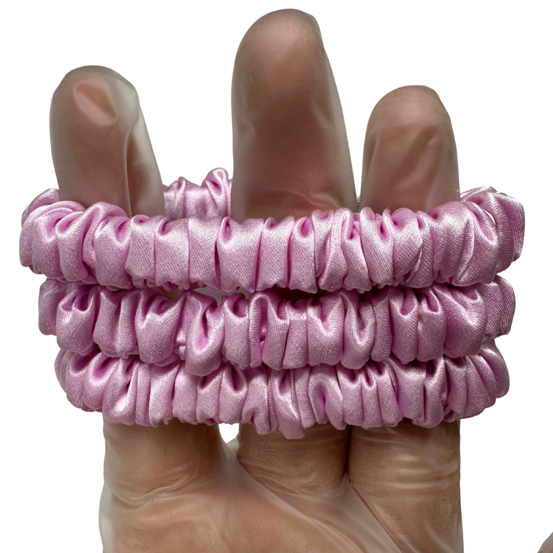 Sakura Skinny Silk Scrunchie Wholesale from 1 piece, custom silk scrunchies with brand label, low MOQ.