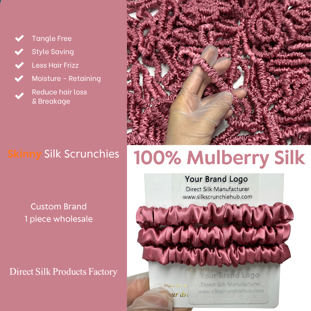 Silver Red Silk Scrunchie Wholesale from 1 piece, custom silk scrunchies with brand label, low MOQ.