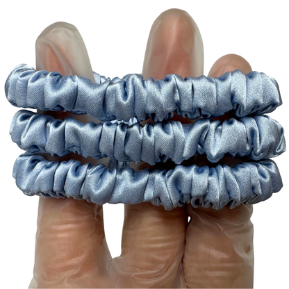 Sky Blue Skinny Silk Scrunchie Wholesale from 1 piece, custom silk scrunchie with brand logo low MOQ.