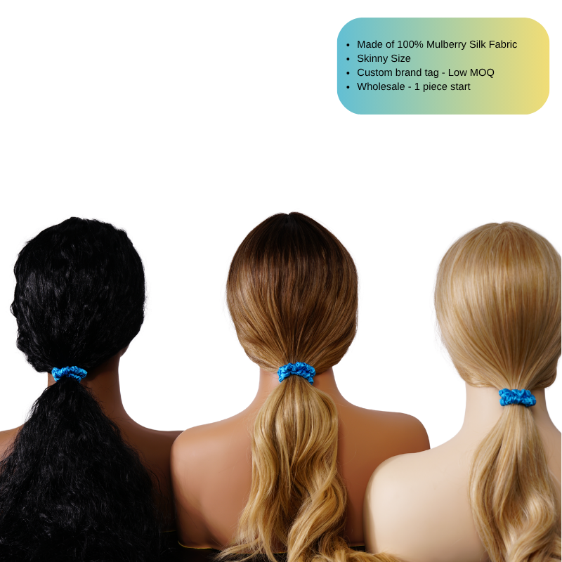 custom bright blue skinny silk scrunchie with logo private label