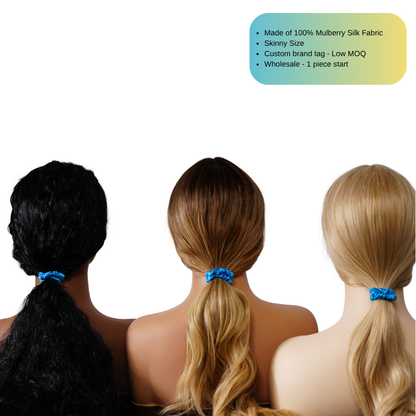 custom bright blue skinny silk scrunchie with logo private label