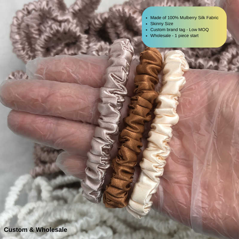 custom champagne skinny silk scrunchie with logo private label