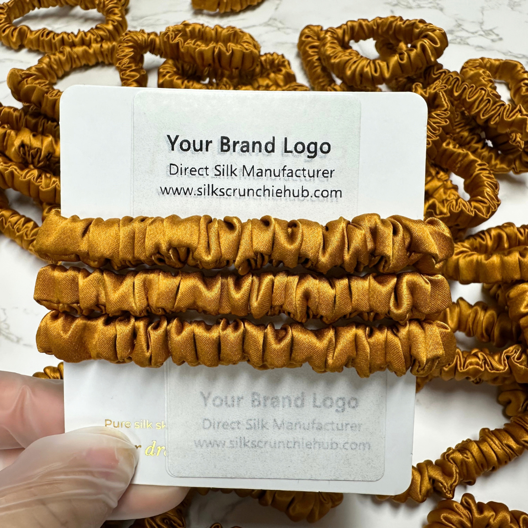 Amber Yellow Skinny Silk Scrunchie Wholesale from 1 piece, custom silk scrunchies with brand label, low MOQ.