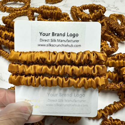 Amber Yellow Skinny Silk Scrunchie Wholesale from 1 piece, custom silk scrunchies with brand label, low MOQ.
