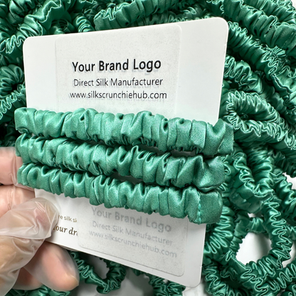 Bamboo Skinny Silk Scrunchie Wholesale from 1 piece, custom silk scrunchies with brand label, low MOQ.