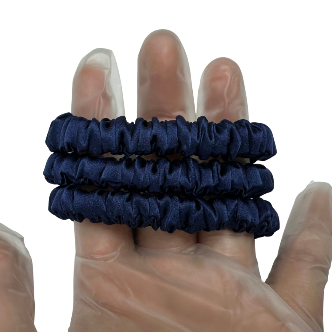 Dark Indigo Skinny Silk Scrunchie Wholesale from 1 piece, custom silk scrunchies with brand label, low MOQ.