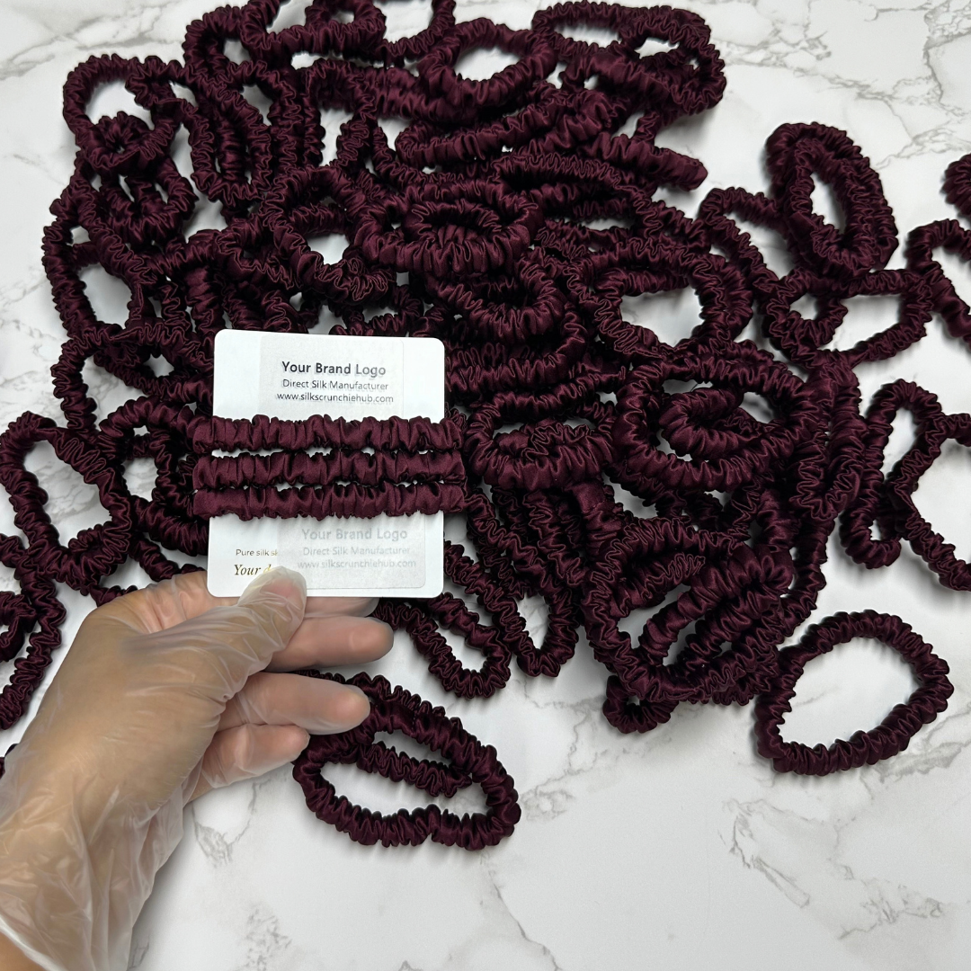 Dark Purple Red Silk Scrunchie Wholesale from 1 piece, custom silk scrunchies with brand label, low MOQ.