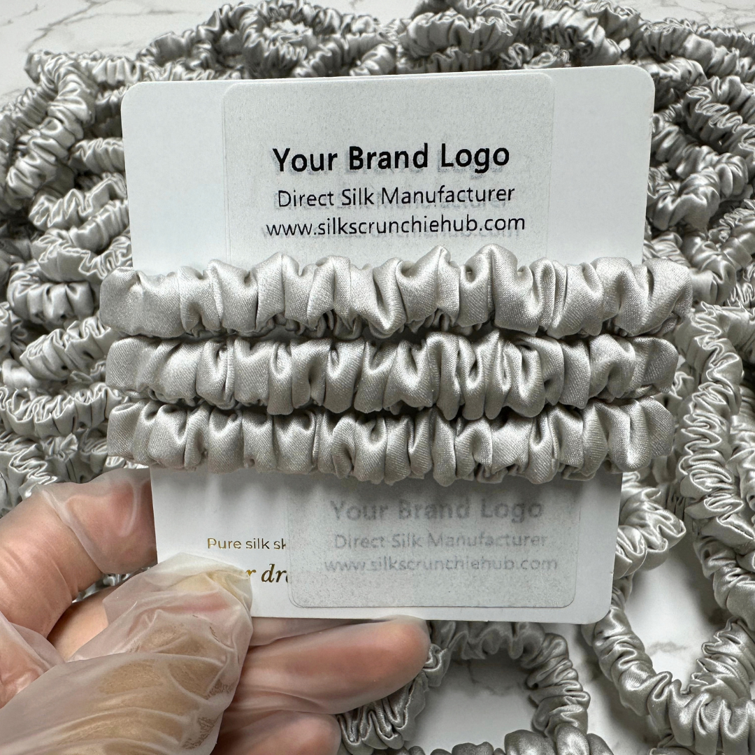 Light Gray Silk Scrunchie Wholesale from 1 piece, custom silk scrunchies with brand label, low MOQ.
