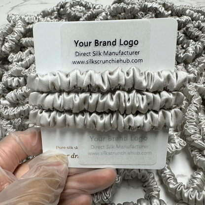 Light Gray Silk Scrunchie Wholesale from 1 piece, custom silk scrunchies with brand label, low MOQ.