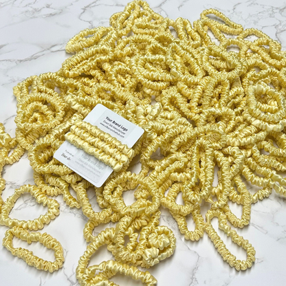 Light Yellow Silk Scrunchie Wholesale from 1 piece, custom silk scrunchies with brand label, low MOQ.