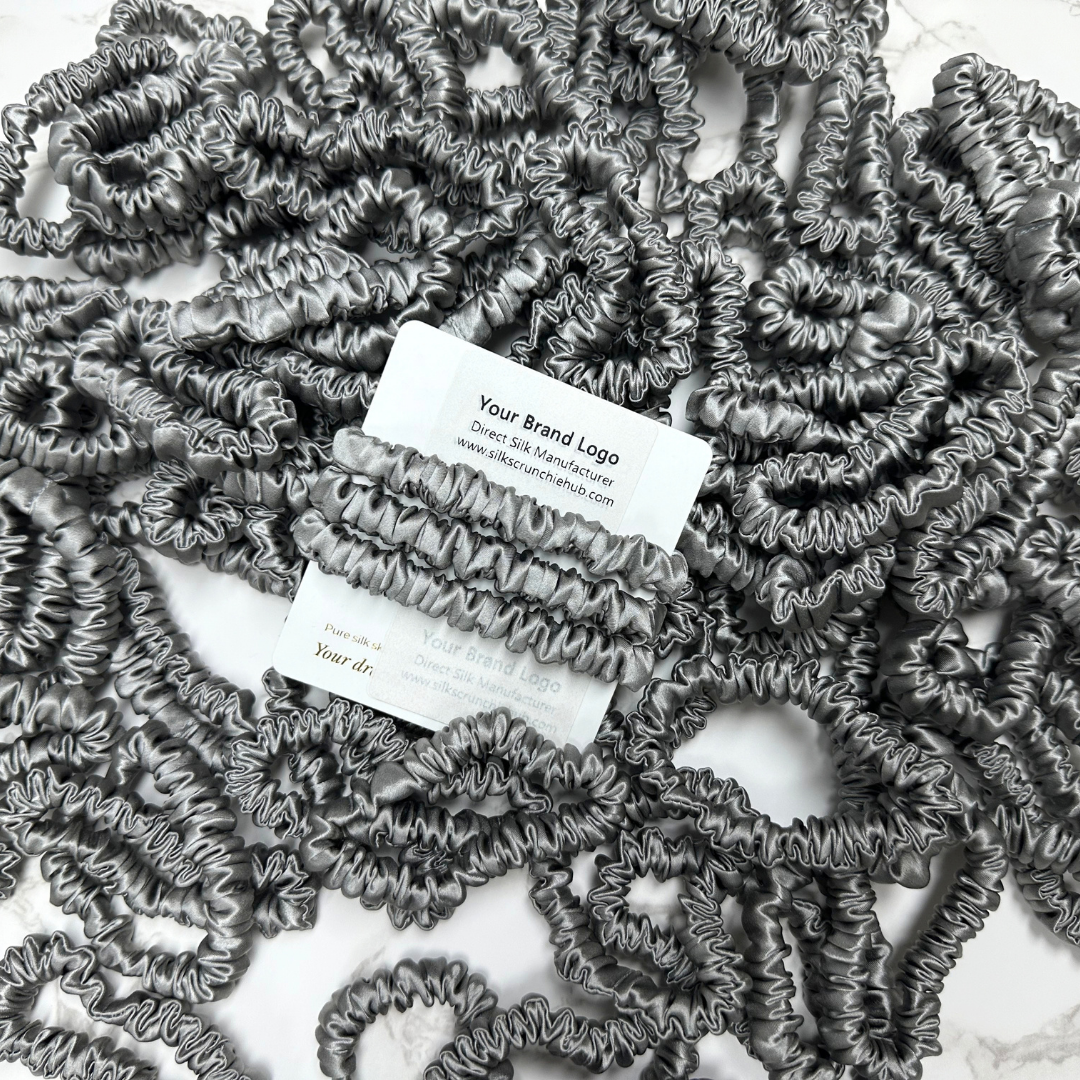Middle Grey Silk Scrunchie Wholesale from 1 piece, custom silk scrunchies with brand label, low MOQ.