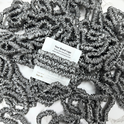 Middle Grey Silk Scrunchie Wholesale from 1 piece, custom silk scrunchies with brand label, low MOQ.