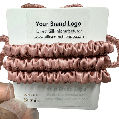 Red Beans Skinny Silk Scrunchie Wholesale from 1 piece, custom silk scrunchies with brand label, low MOQ.