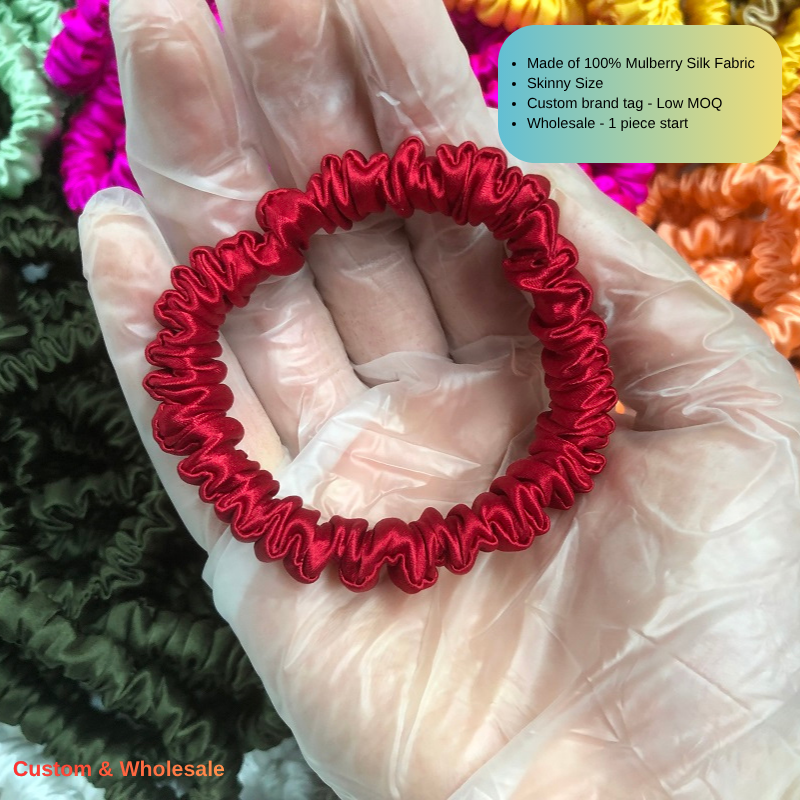 custom red skinny silk scrunchie with logo private label
