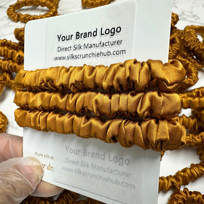 Amber Yellow Skinny Silk Scrunchie Wholesale from 1 piece, custom silk scrunchies with brand label, low MOQ.