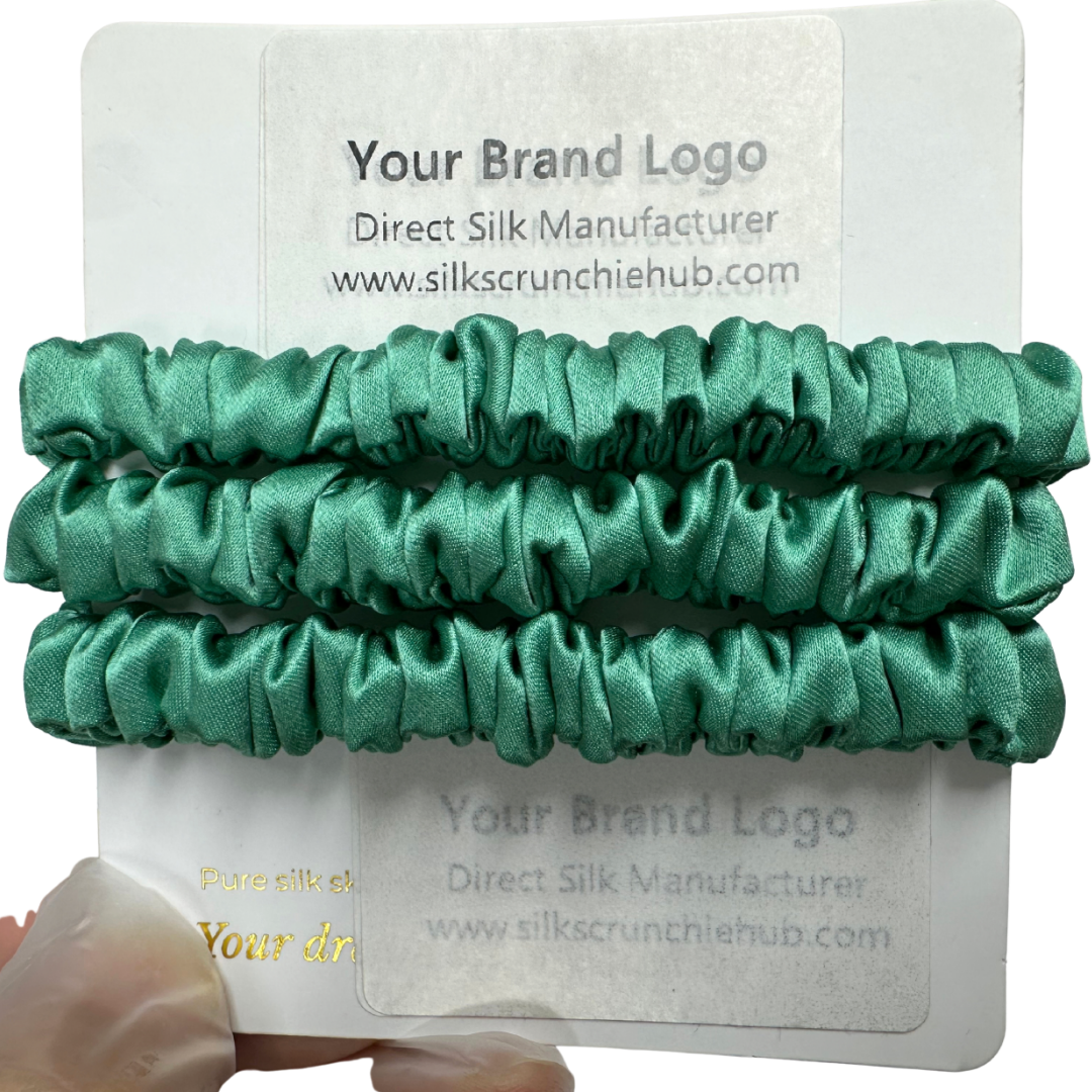 Bamboo Skinny Silk Scrunchie Wholesale from 1 piece, custom silk scrunchies with brand label, low MOQ.