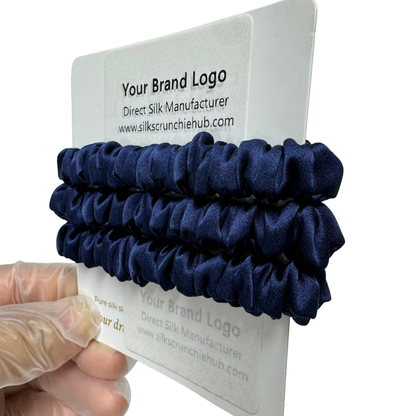 Dark Indigo Skinny Silk Scrunchie Wholesale from 1 piece, custom silk scrunchies with brand label, low MOQ.