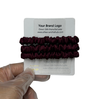 Dark Purple Red Silk Scrunchie Wholesale from 1 piece, custom silk scrunchies with brand label, low MOQ.