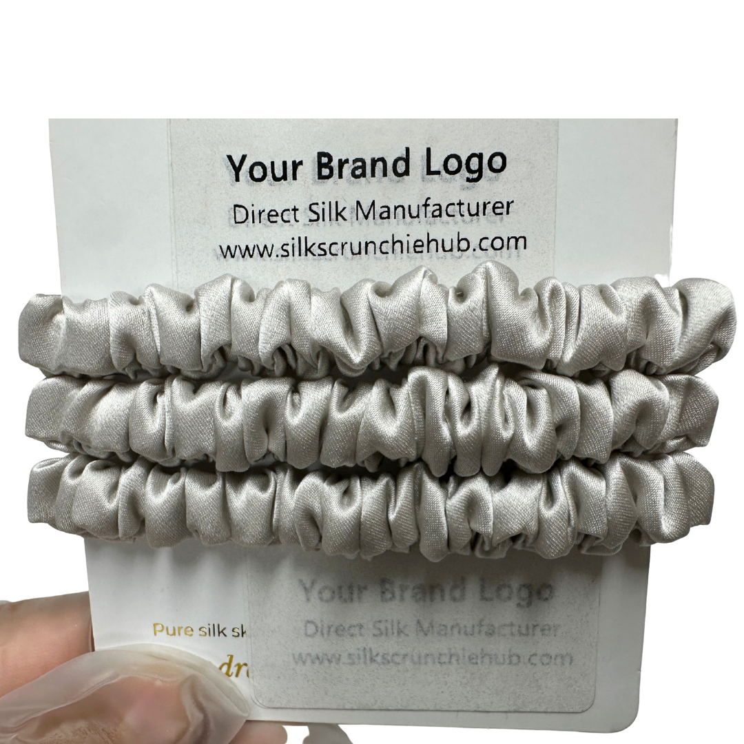Light Gray Silk Scrunchie Wholesale from 1 piece, custom silk scrunchies with brand label, low MOQ.