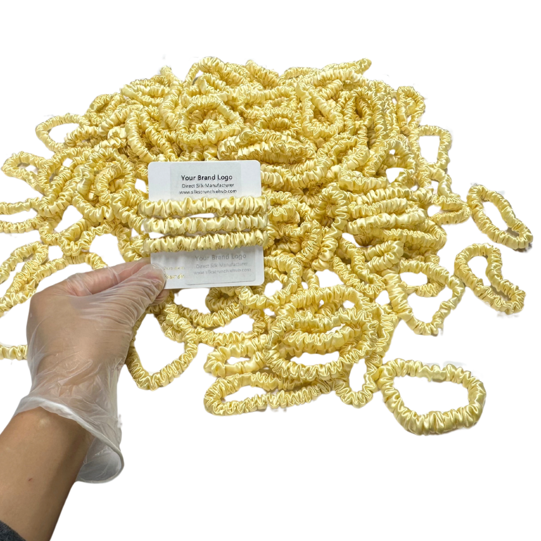Light Yellow Silk Scrunchie Wholesale from 1 piece, custom silk scrunchies with brand label, low MOQ.
