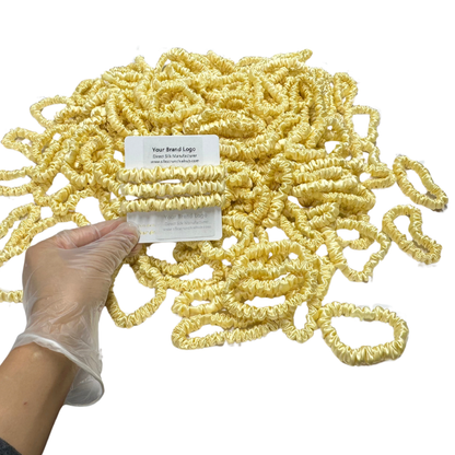 Light Yellow Silk Scrunchie Wholesale from 1 piece, custom silk scrunchies with brand label, low MOQ.