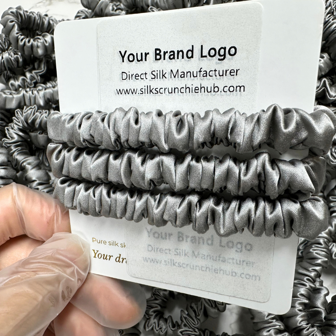 Middle Grey Silk Scrunchie Wholesale from 1 piece, custom silk scrunchies with brand label, low MOQ.