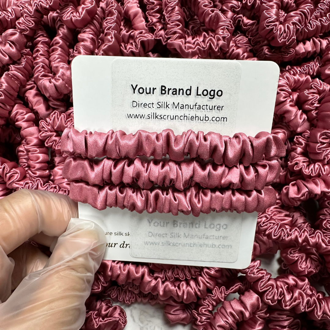 Silver Red Silk Scrunchie Wholesale from 1 piece, custom silk scrunchies with brand label, low MOQ.