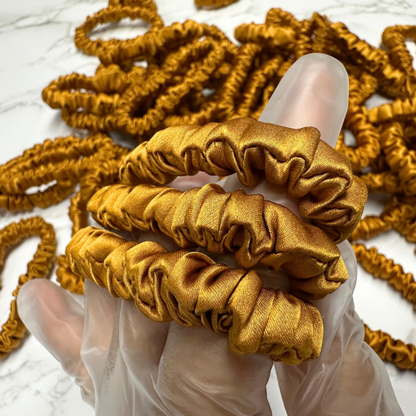 Amber Yellow Skinny Silk Scrunchie Wholesale from 1 piece, custom silk scrunchies with brand label, low MOQ.