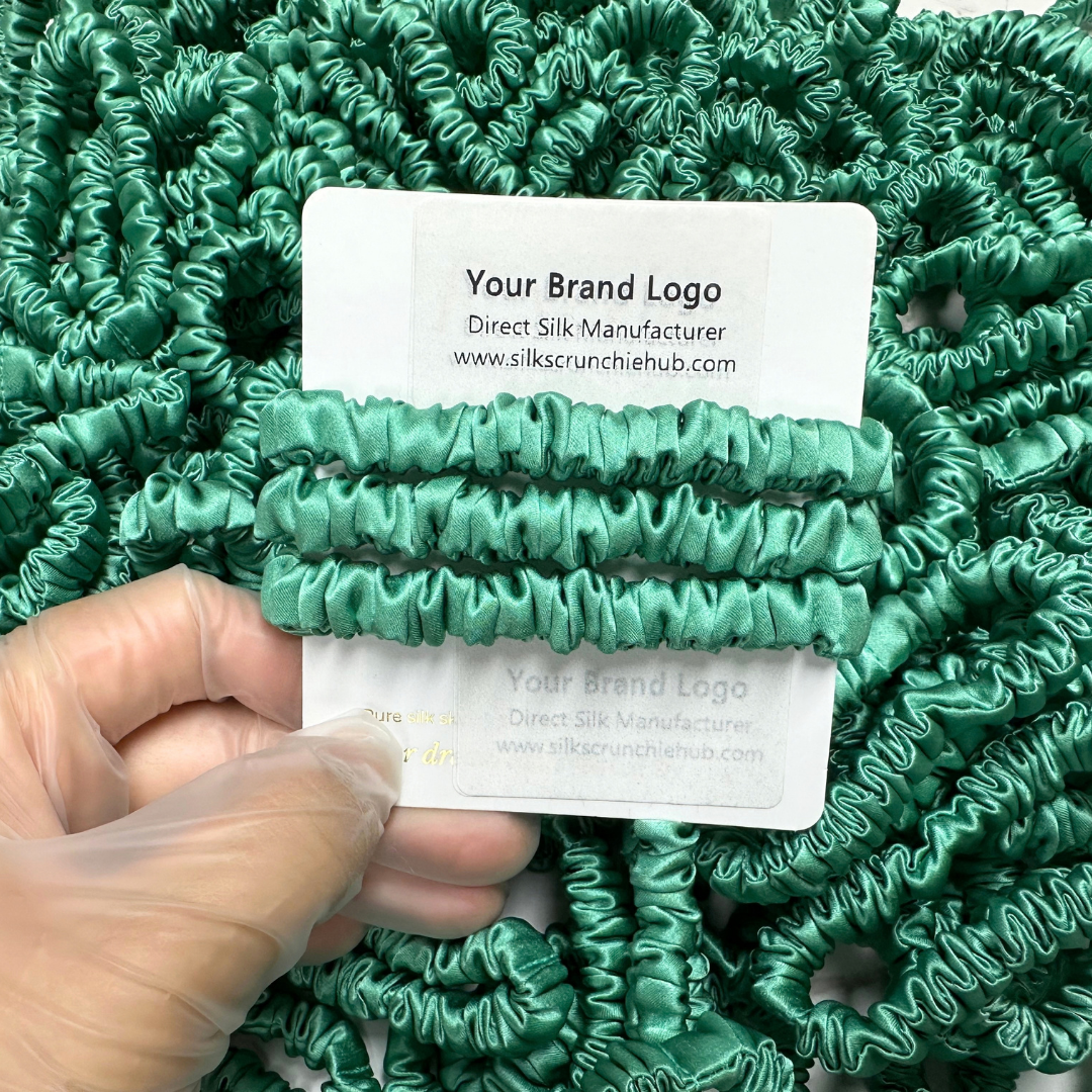Bamboo Skinny Silk Scrunchie Wholesale from 1 piece, custom silk scrunchies with brand label, low MOQ.