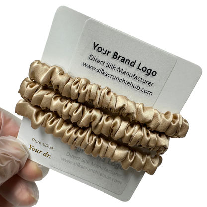 Beige Skinny Silk Scrunchie Wholesale from 1 piece, custom silk scrunchie with brand logo low MOQ.