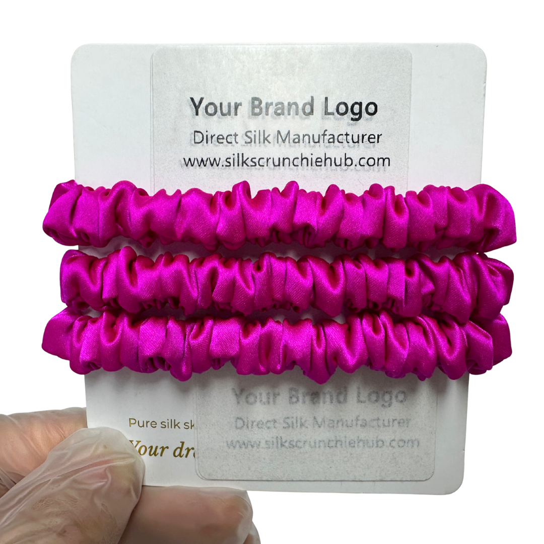 Bright Pink Skinny Silk Scrunchie Wholesale from 1 piece, custom silk scrunchie with brand logo low MOQ.