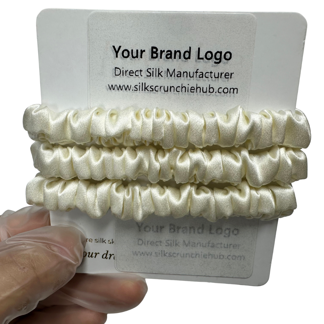 Cream Silk Scrunchie Wholesale from 1 piece, custom silk scrunchies with brand label, low MOQ.