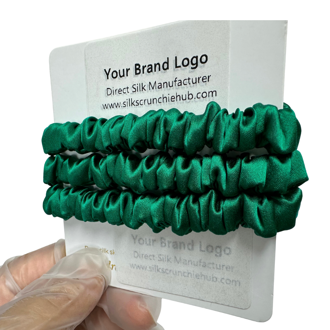 Christmas Green Silk Scrunchie Wholesale from 1 piece, custom silk scrunchies with brand label, low MOQ.