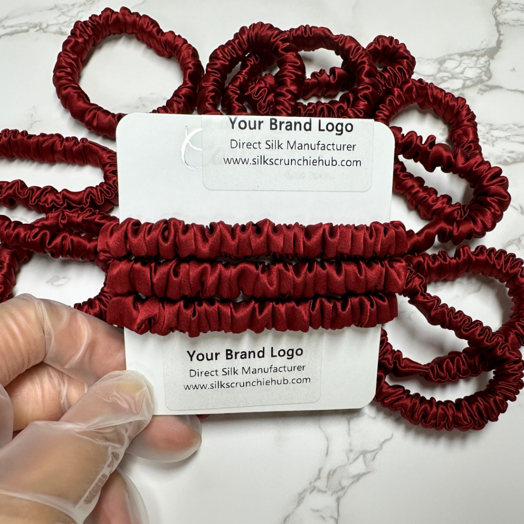 Coke Red Skinny Silk Scrunchie in stock, wholesale silk scrunchie from 1 piece, custom silk scrunchies with logo brand label, low MOQ.