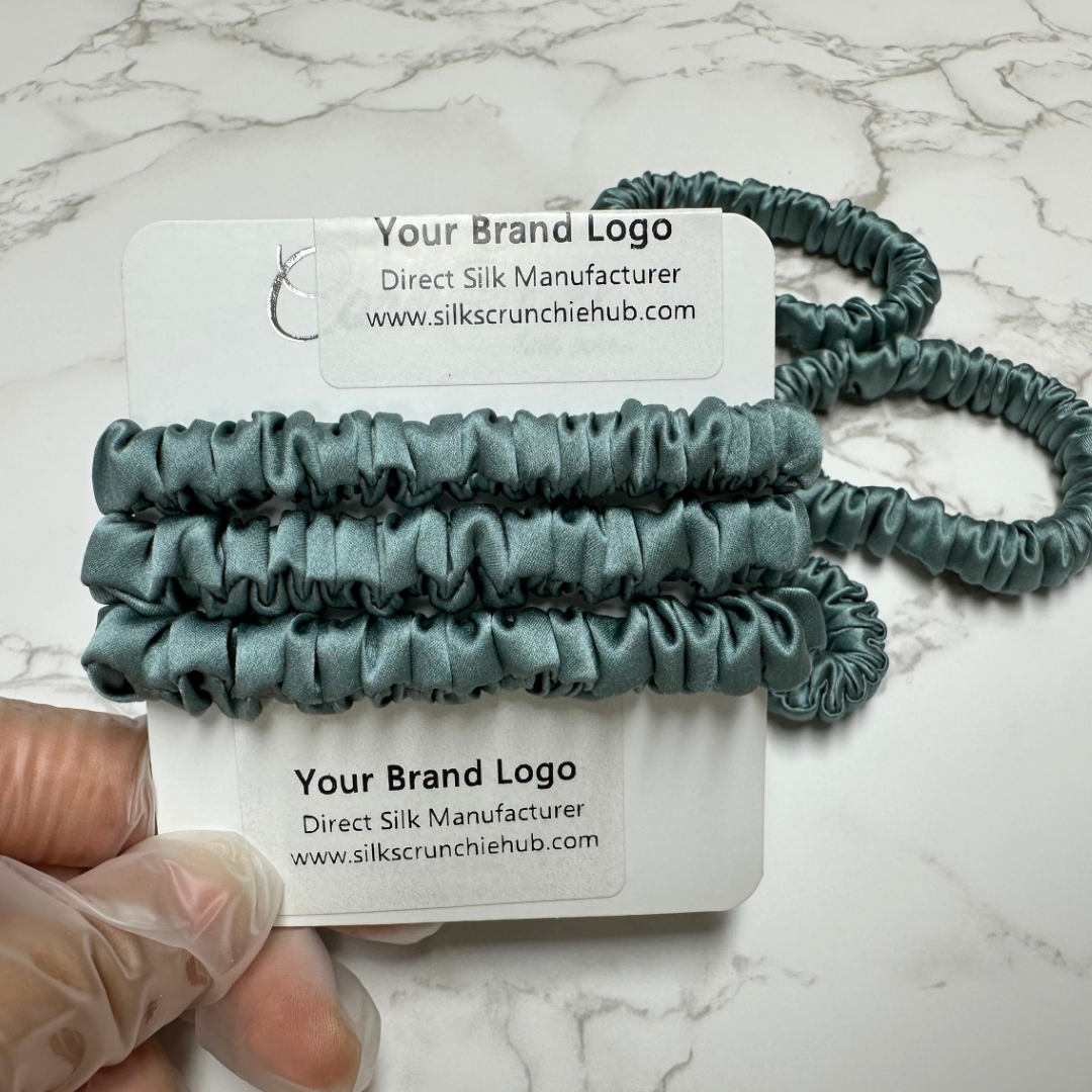 Dark Bamboo Skinny Silk Scrunchie in stock, wholesale silk scrunchie from 1 piece, custom silk scrunchies with logo brand label, low MOQ.